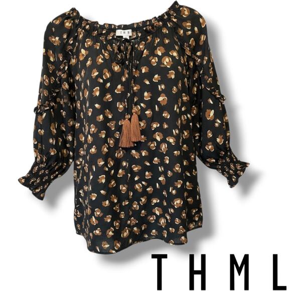 THML Women’s Black Brown Abstract Print Tassel Tie Blouse – Large - Picture 8 of 9